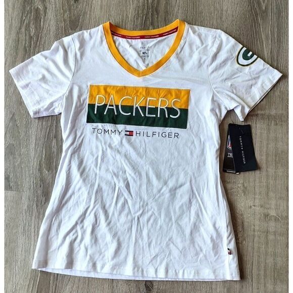 NFL GREEN BAY PACKERS Tommy Hilfiger V-Neck T Shirt Womens NWT - Picture 1 of 7